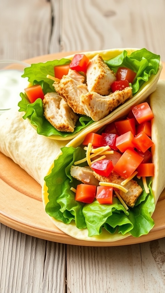 A chicken tortilla wrap filled with grilled chicken, lettuce, and tomatoes, served with ranch dressing.